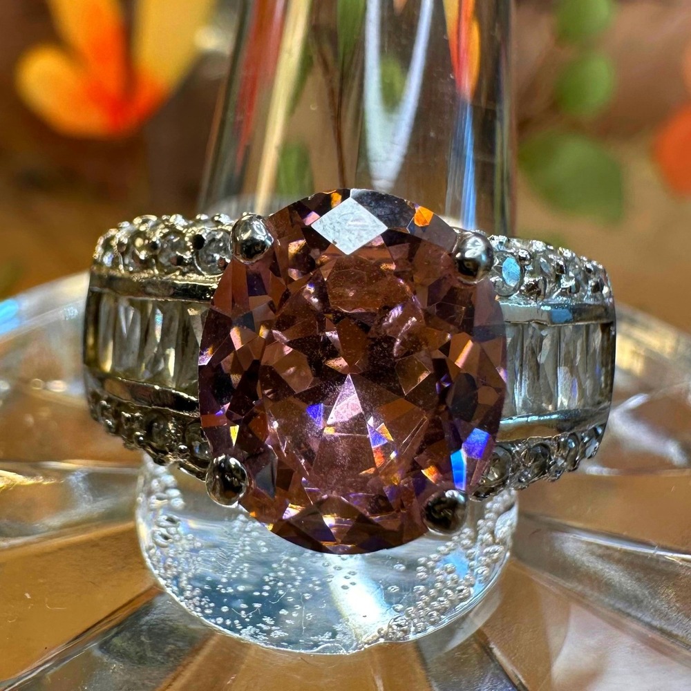 Women 925 Sterling Silver Statement Ring 8 Pink Simulated Morganite Glam Royal